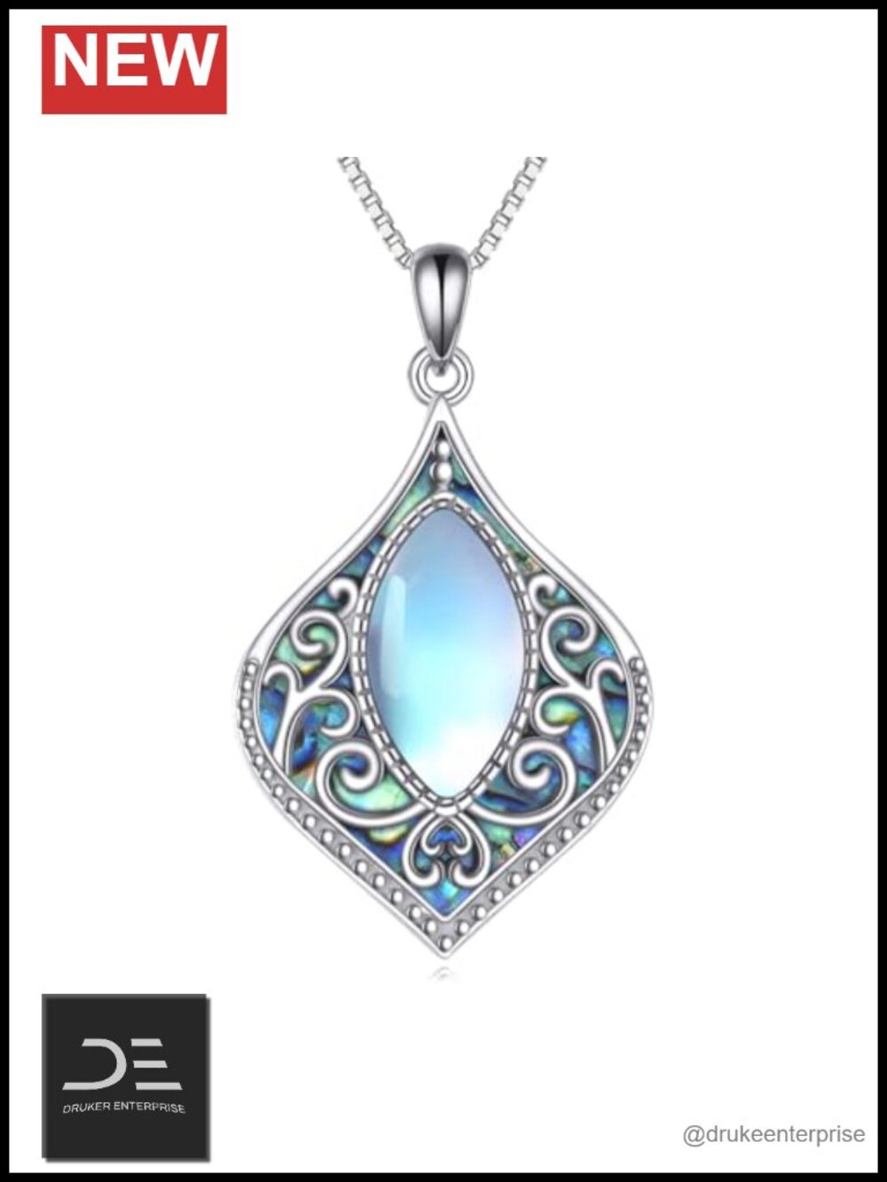 925 Sterling Silver Pendant Necklace Moonstone Abalone Shell Filigree Celtic